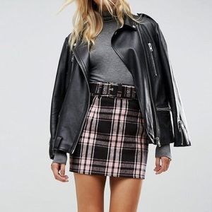NWT ASOS black and pink plaid mini skirt with belt